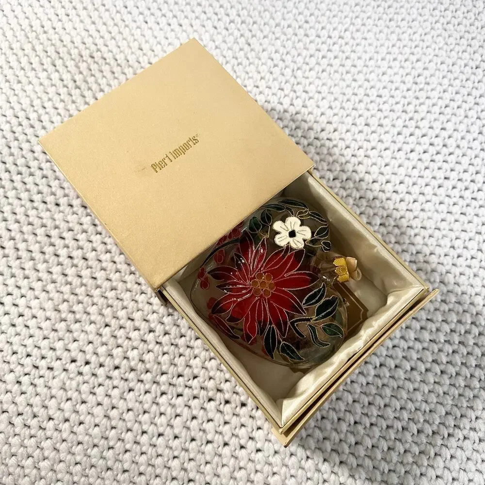 Pier 1 Imports Cloisonne Poinsettia Holiday Christmas Heart Ornament In Box 2019
